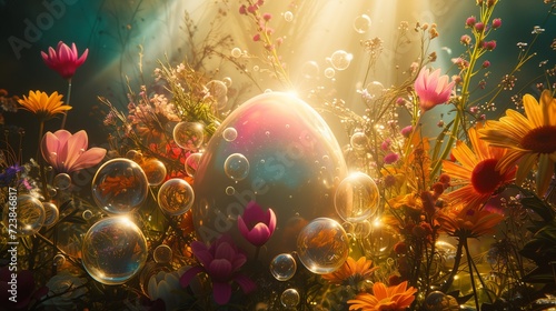 big egg colorful flowers and bubbles with rays of light dreamy composition photo