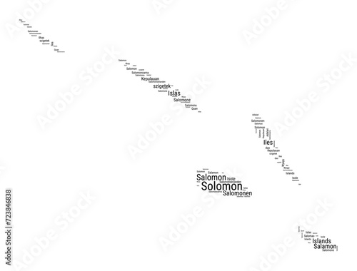 Black and white word cloud in Solomon Islands shape. Simple typography style country illustration. Plain Solomon Islands black text cloud on white background. Vector illustration.