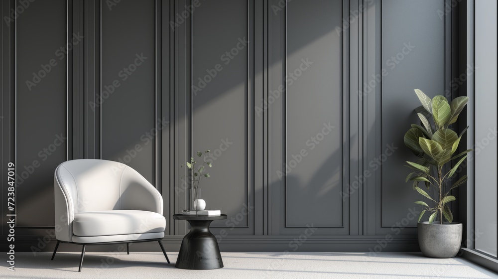 grey wall panels and black side table in minimalist interior design composition with a white armchair - obrazy, fototapety, plakaty 