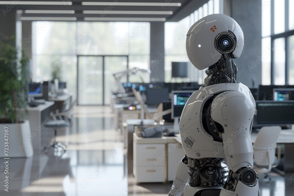 modern robot stands in an office environment, symbolizing the intersection of artificial intelligence and human workspace