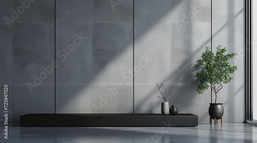 grey wall panels and black side table in minimalist interior design composition with plants photo