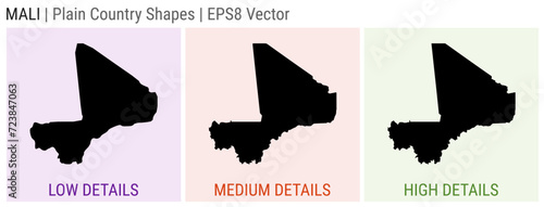 Mali - plain country shape. Low, medium, and high detailed maps of Mali. EPS8 Vector illustration.