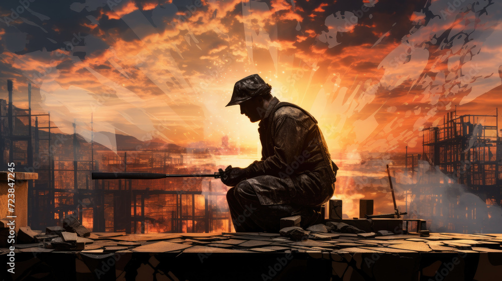 Silhouette of blacksmith working in red, fire background Silhouette of blacksmith working in red, fire background