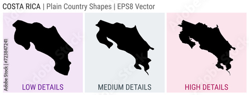 Costa Rica - plain country shapes. Low, medium, and high detailed maps of Costa Rica. EPS8 Vector illustration.