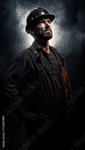 Silhouette photo of miner worker in dark night atmosphere
