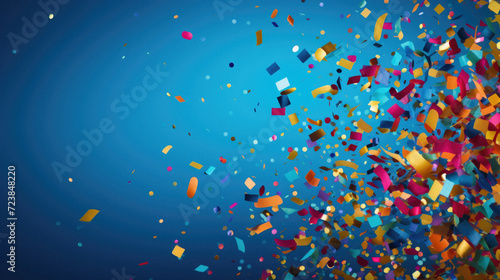 Colorful confetti on blue background. Festive abstract background .