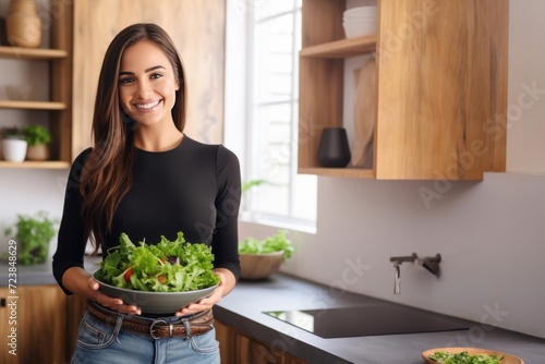 Pretty brunette woman eating a salad in the kitchen