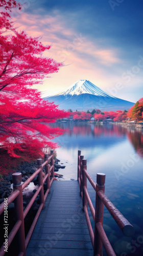 Mt. Fuji with red maple leaf at Kawaguchiko lake in Japan © Art AI Gallery