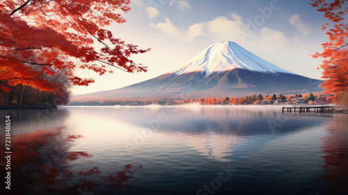 Mt Fuji and Lake Kawaguchiko in autumn season .