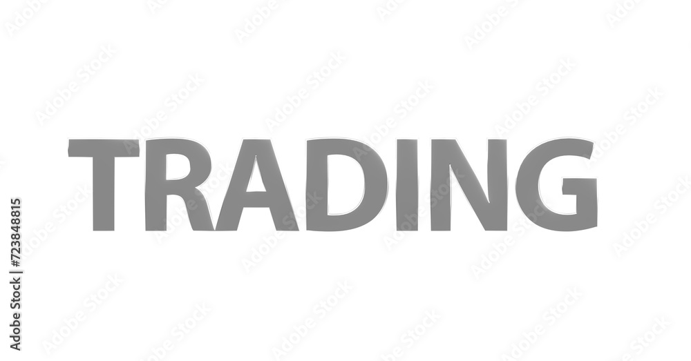 Trading, silberne plakative 3D-Schrift: Börse, Aktienhandel, Devisenhandel, Daytrading, Kryptowährungen, Handelsstrategien, Online-Trading, Aktienkurse,  Marktanalyse, Rendering, Freistelleer