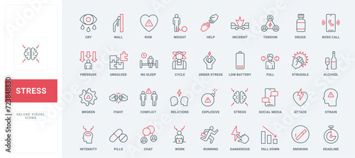 Stress and depression causes line icons set. Factors of mental health problems, social media chat incidents and relationship tension, insomnia thin black and red outline symbols, vector illustration