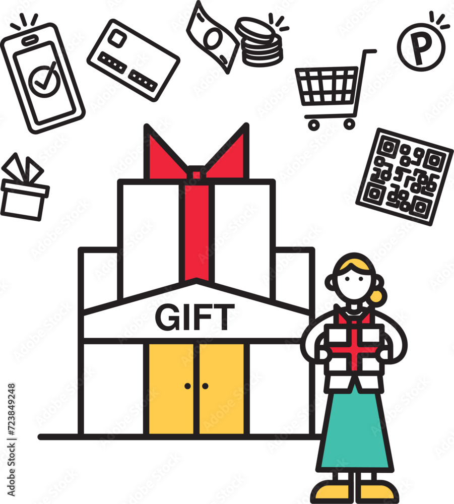 Obraz premium シンプルな線画のギフトショップのイラスト(人物)