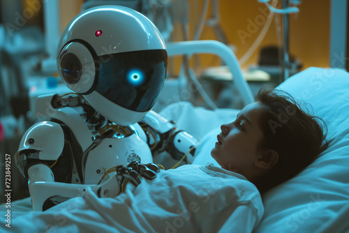 modern medical setting where a patient rests in a hospital bed under the watchful care of a humanoid robot nurse