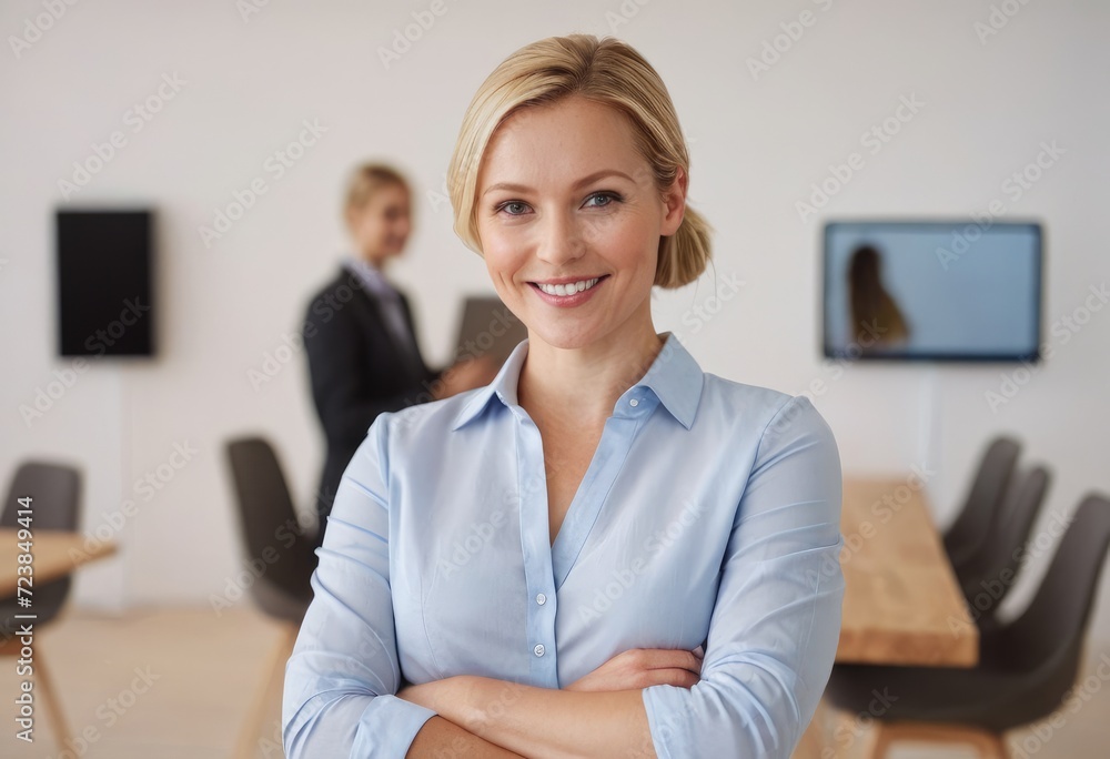A cheerful businesswoman in a professional setting, holding a touchpad and looking directly at the camera. A cheerful businesswoman in a professional setting, holding a touchpad and looking directly at the camera.