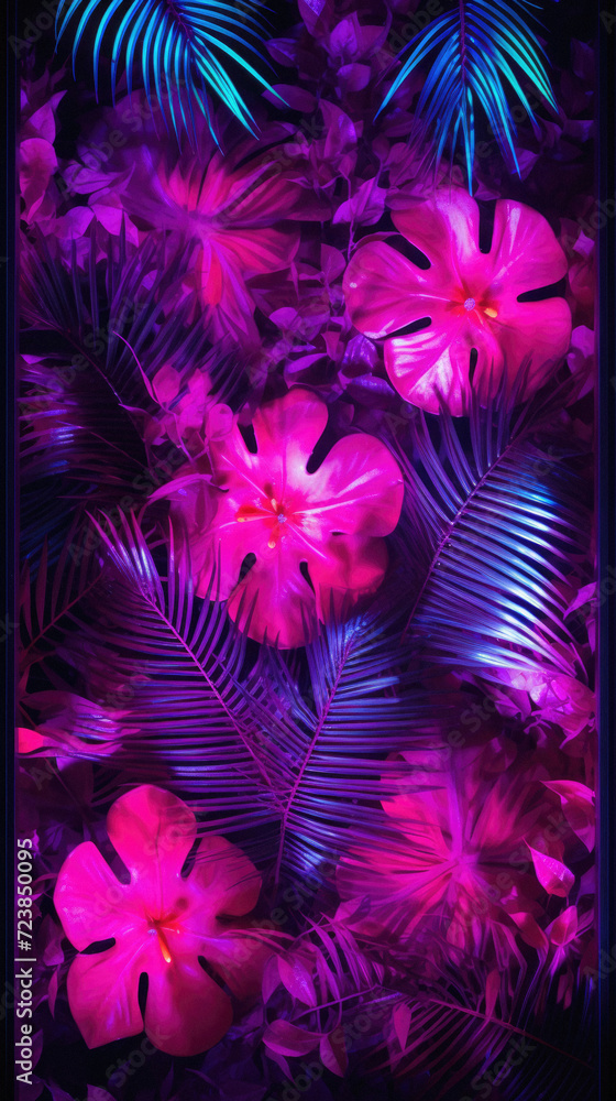 Tropical background with palm leaves and hibiscus flowers