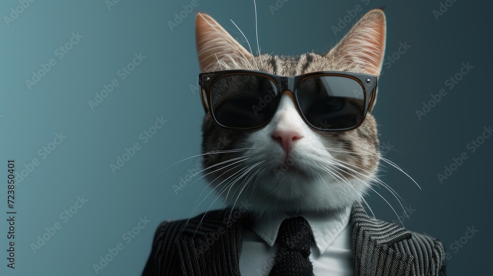 A cat wearing sunglasses and a suit with a tie. Generative AI image. A cat wearing sunglasses and a suit with a tie. Generative AI image.