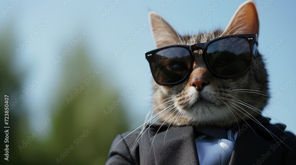 A cat wearing sunglasses and a suit with a tie. Generative AI image. A cat wearing sunglasses and a suit with a tie. Generative AI image.