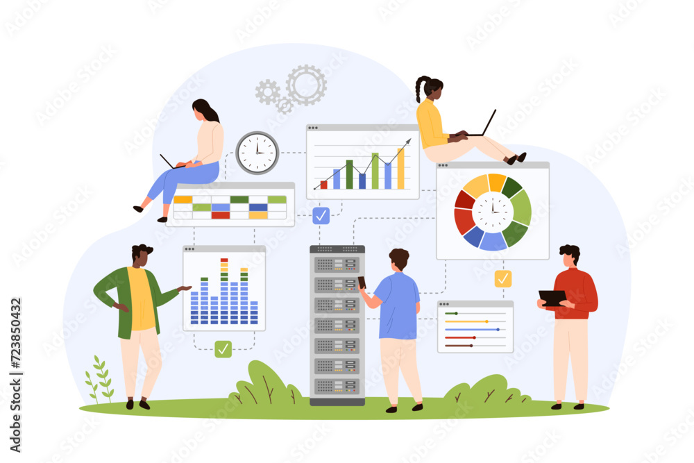 Data storage system, tech platform with big smart infrastructure, hosting service. Tiny people monitoring charts and sharing files, control software settings online cartoon vector illustration
