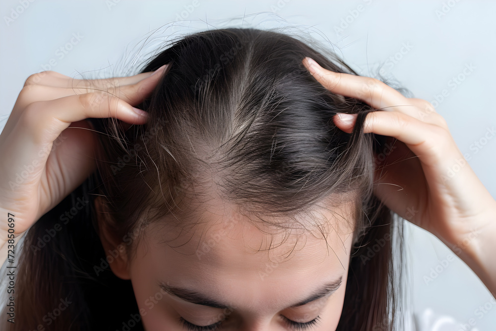 Young girl scratching her head and suffering from itchy scalp and hair loss Young girl scratching her head and suffering from itchy scalp and hair loss