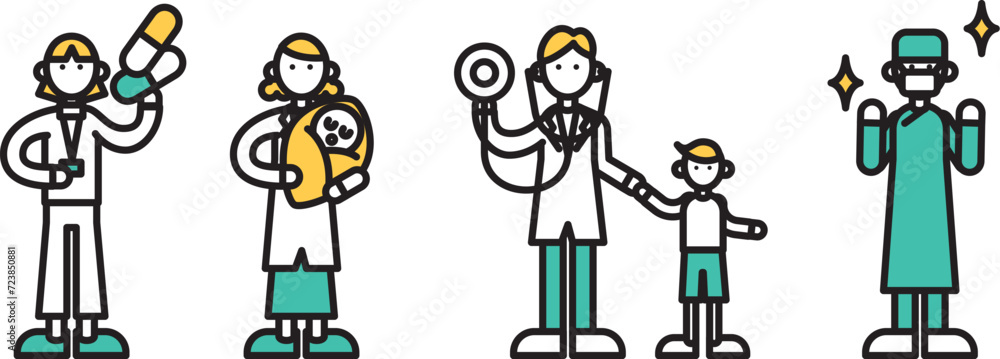 Naklejka premium シンプルな線画の様々な病院の先生（C)のイラスト