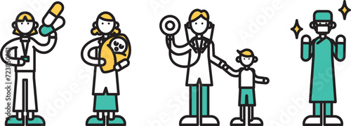 シンプルな線画の様々な病院の先生（C)のイラスト