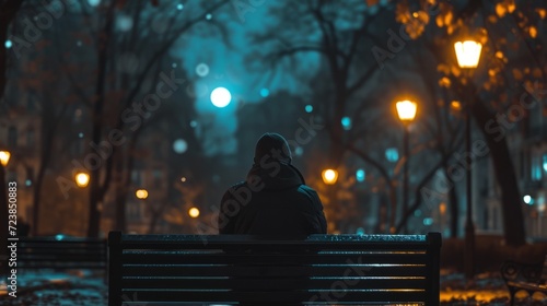 Lonely man on bench in a park at night with lights on
