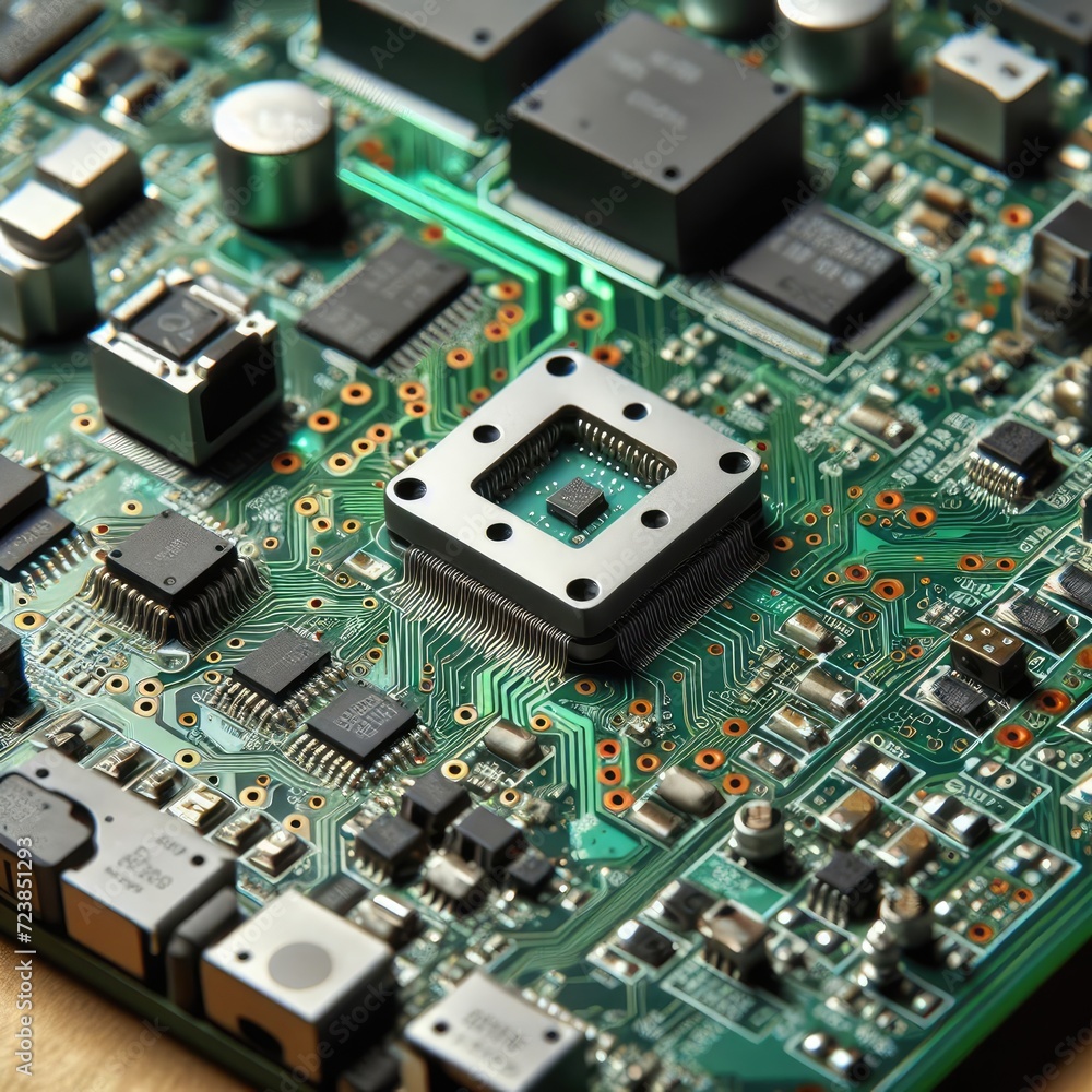 a close-up view of a green circuit board with various electronic components mounted on it. a close-up view of a green circuit board with various electronic components mounted on it.