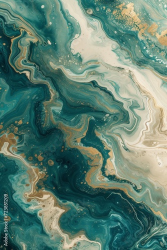 Abstract Wave Painting Background in the Style of Dark Teal and Light Beige - Organic Topography Marbleized Art in Colors Light Green and Aquamarine Wallpaper created with Generative AI Technology