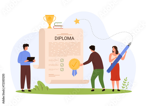 Graduation, diploma and certificate of education achievement. Tiny people writing with pen on paper scroll of official appreciation letter with quality stamp and golden cup cartoon vector illustration