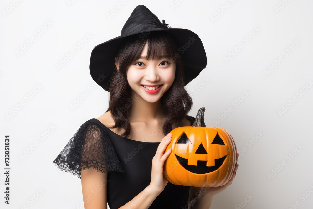 Smiling asian woman in witch hat holding halloween pumpkin, white isolated background Smiling asian woman in witch hat holding halloween pumpkin, white isolated background