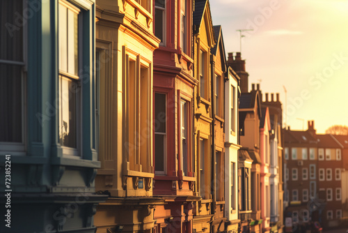 tranquil city street bathed in the warm glow of the golden hour elongated shadows and highlights the rich architectural details of historical townhouses lining the road