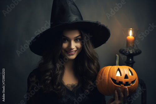 Smiling british woman in witch hat holding pumpkin, dark background