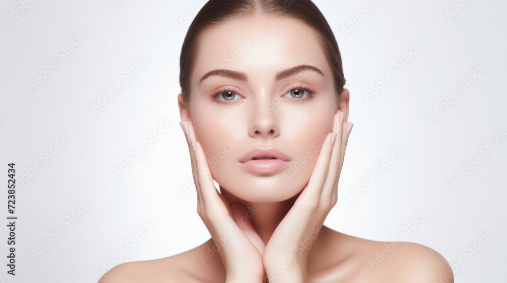 Beautiful face of young woman with clean fresh skin, natural make-up and manicured nails Beautiful face of young woman with clean fresh skin, natural make-up and manicured nails