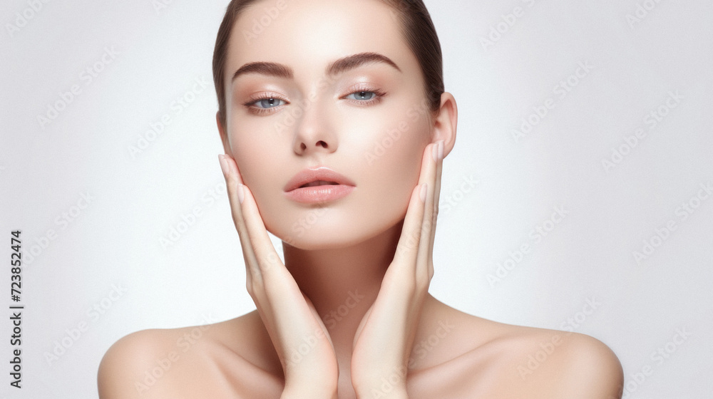 Beautiful face of young woman with clean fresh skin. Facial treatment. Cosmetology, beauty and spa . Beautiful face of young woman with clean fresh skin. Facial treatment. Cosmetology, beauty and spa .