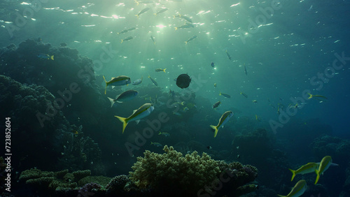 Silhouettes of tropical fish swims next to coral reef on surface water and setting sun background, backlighting (Contre-jour). Life on coral reef during sunset, Red sea, Egypt