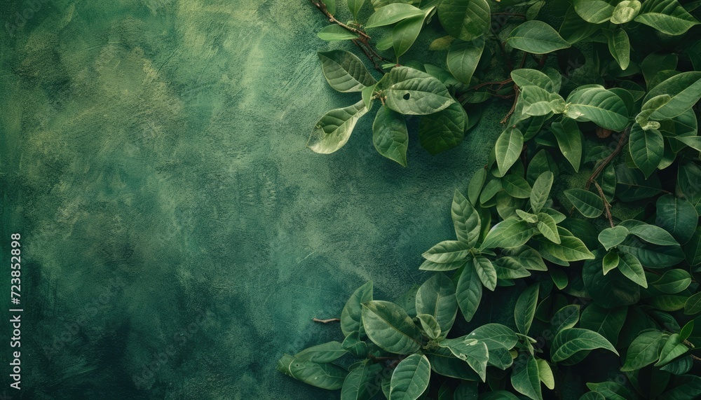 Dark green floral background with realistic plants and leaves  - obrazy, fototapety, plakaty 