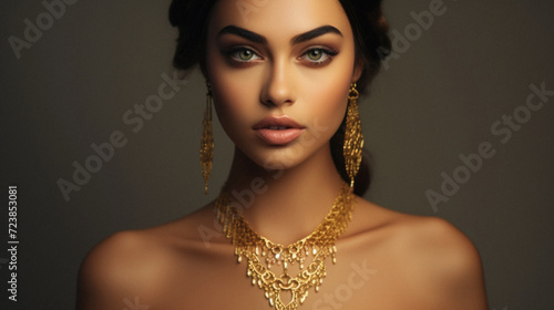 Fashion portrait of beautiful young woman with jewelry. Perfect makeup .