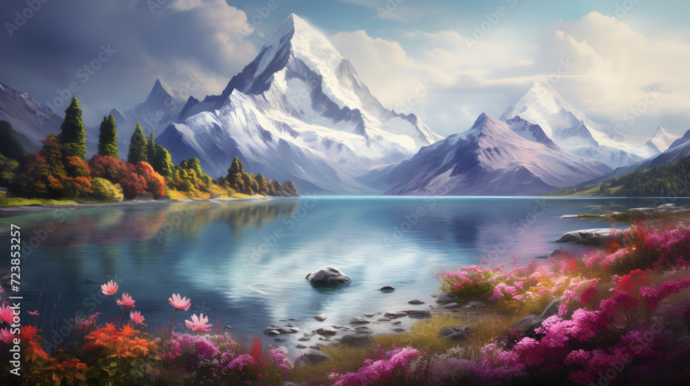 A painting of a mountain lake with a mountain in the background,,
Mountain Majesty Capturing the Serene Beauty of a Mountain Lake

