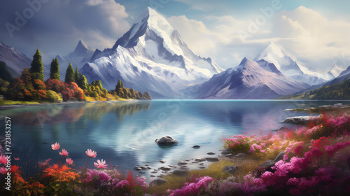 A painting of a mountain lake with a mountain in the background,, Mountain Majesty Capturing the Serene Beauty of a Mountain Lake