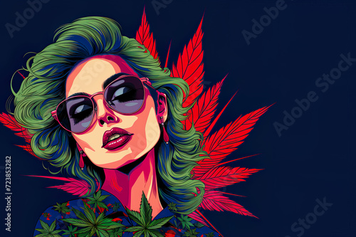 Сolorful illustration with a beautiful girl's face and cannabis leaves. Modern, stylish pop art marijuana banner