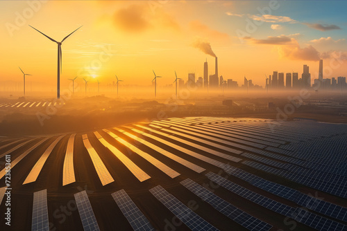 renewable energy farm with rows of solar panels and wind turbines illuminated by the golden sunrise. In the distance, the silhouette of a city skyline