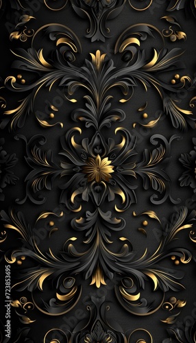 Seamless black and gold damask ornament background, black and gold texture backdrop