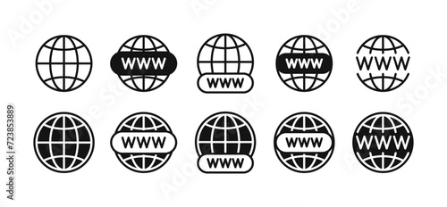 Website icon set with World globe. WWW icons with Earth globe sign. World Wide Web internet symbols with round and flatten planet. Vector illustration. photo