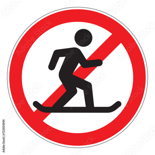Vector red circle sign - black silhouette figure on snowboarding. Symbol of no entry. Isolated on white background.
