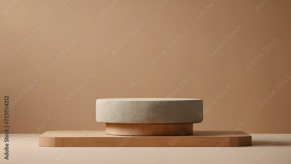 Minimalistic beige stone podium for product presentation on beige background. Minimalistic beige stone podium for product presentation on beige background.