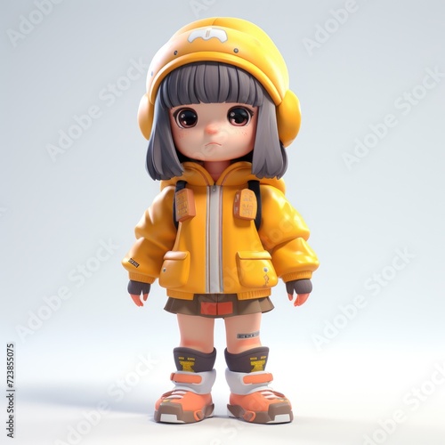 3D illustration of a cute cartoon girl. A beautiful girl is alone on the street, dressed in stylish demi-season clothes, a hat and with a backpack