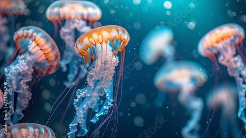 jellyfish pattern background in the ocean, vibrant, stunningcoral reef in background © World of AI