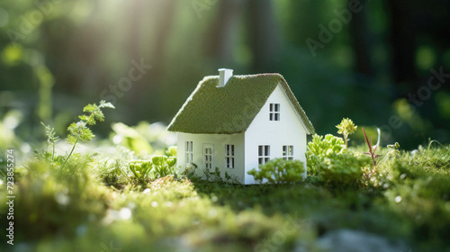 Small model of a house in the forest. Real estate concept .