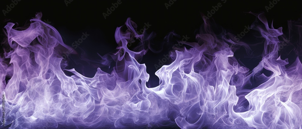 Tongues of white and purple fire on clear black background, white and purple flames and sparks background design - obrazy, fototapety, plakaty 