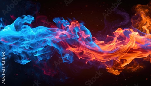 Tongues of blue and red fire on clear black background, cold and hot flames and sparks background design photo